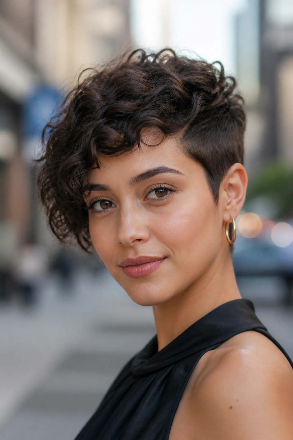 Close-up portrait of a woman with asymmetrical curly crop.