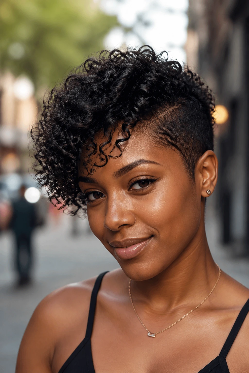 Portrait of a real woman with an asymmetrical curly crop showing one shorter side