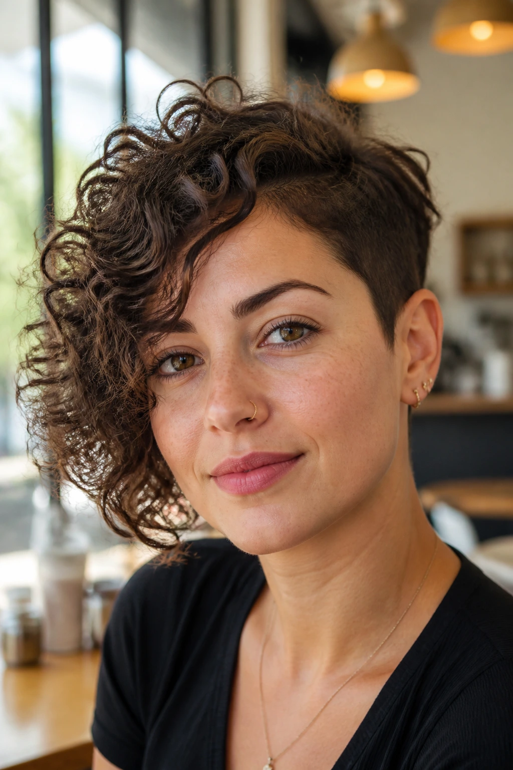 Close-up portrait of a real person with asymmetrical curly crop in natural light