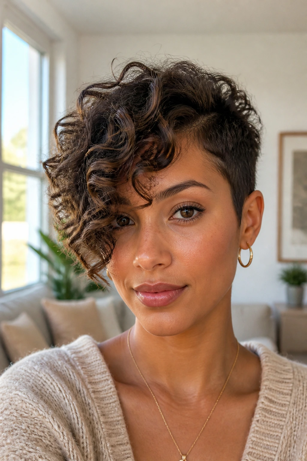 Close-up of asymmetrical curly crop with long bang panel on a real woman.