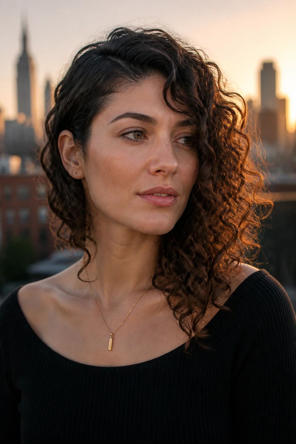 Portrait of a real woman with asymmetrical curly lob showing uneven length.