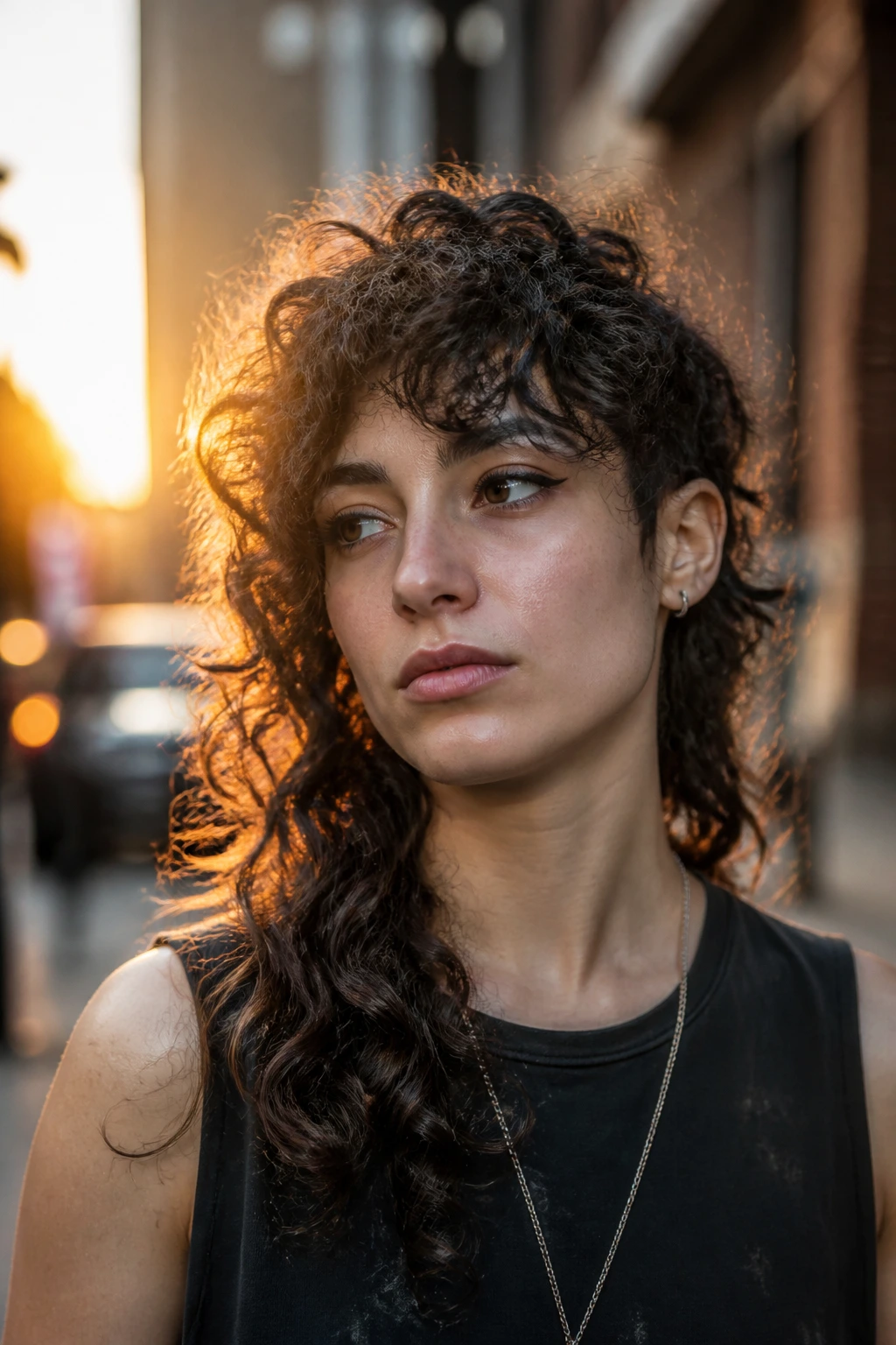Real person with asymmetrical curly mullet in warm golden-hour light