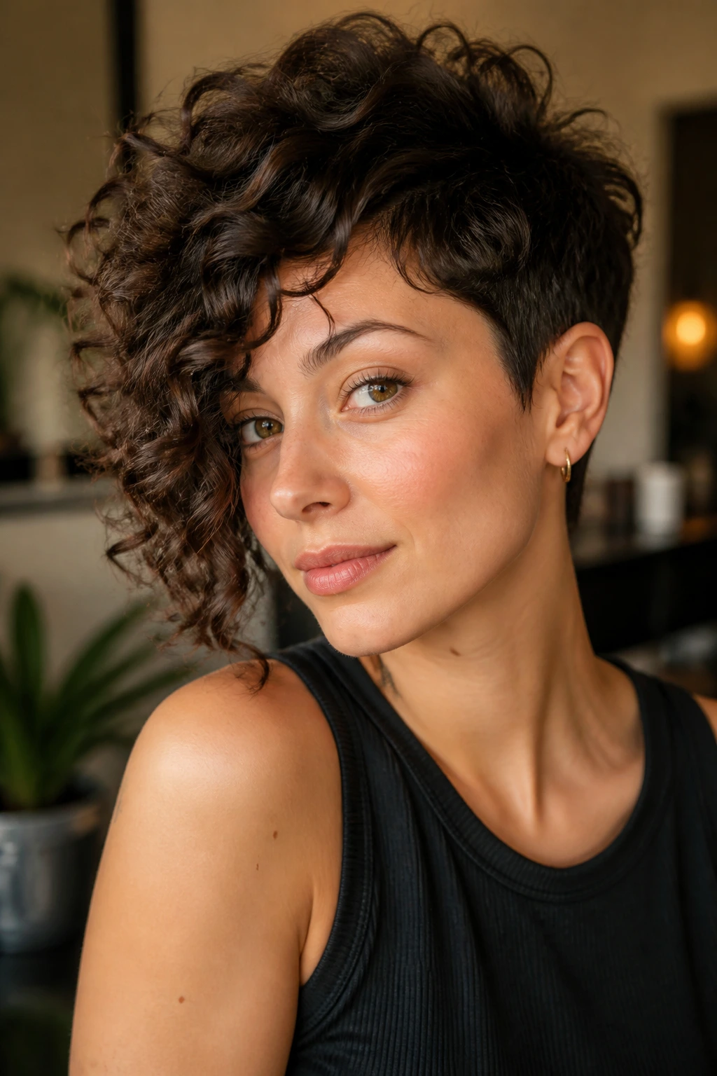 Portrait of a person with asymmetrical curly pixie showing longer side and shorter side