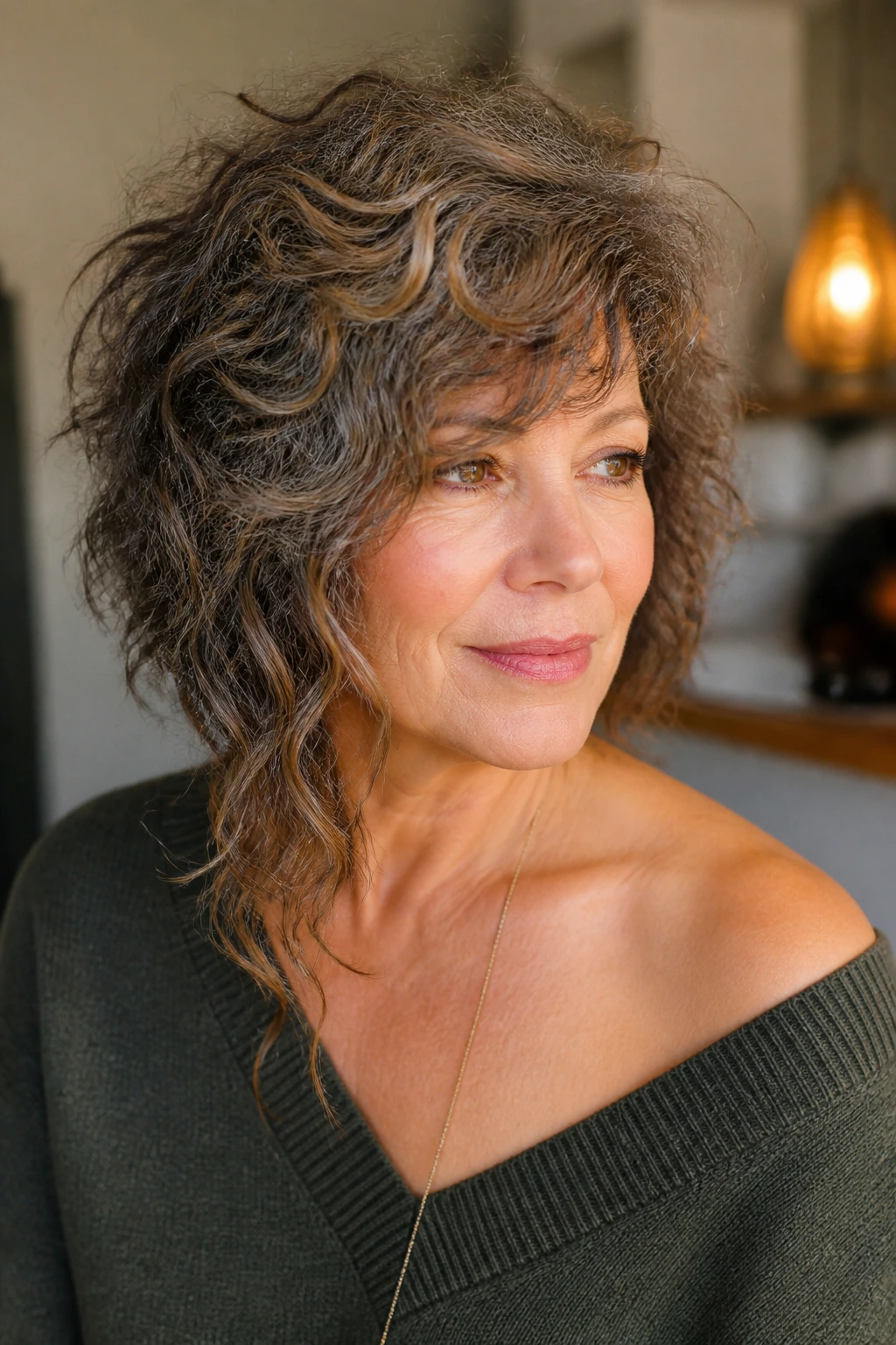 Portrait of woman with asymmetrical curly shag and soft lighting