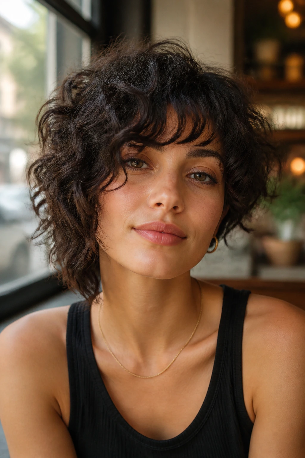 Close-up portrait of a real woman with subtle asymmetrical curly shag