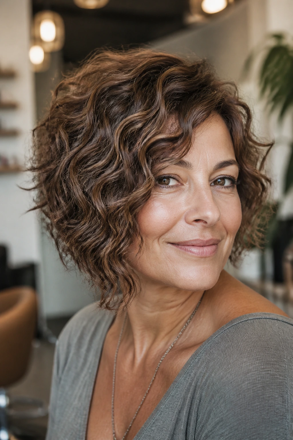 Portrait of woman with asymmetrical curly shag bob under soft natural light
