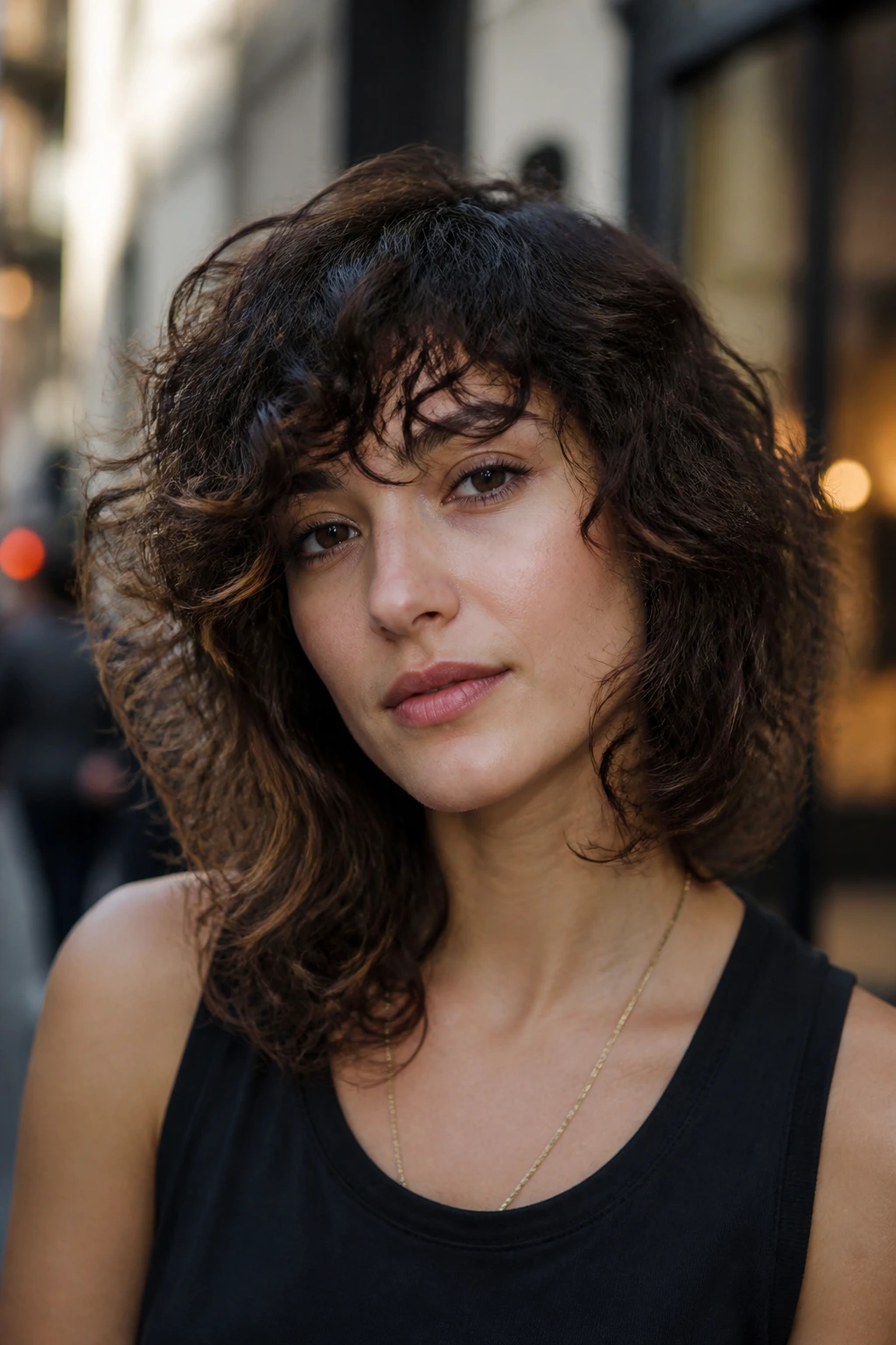 Head-and-shoulders portrait of a real woman with asymmetrical shoulder-length curls