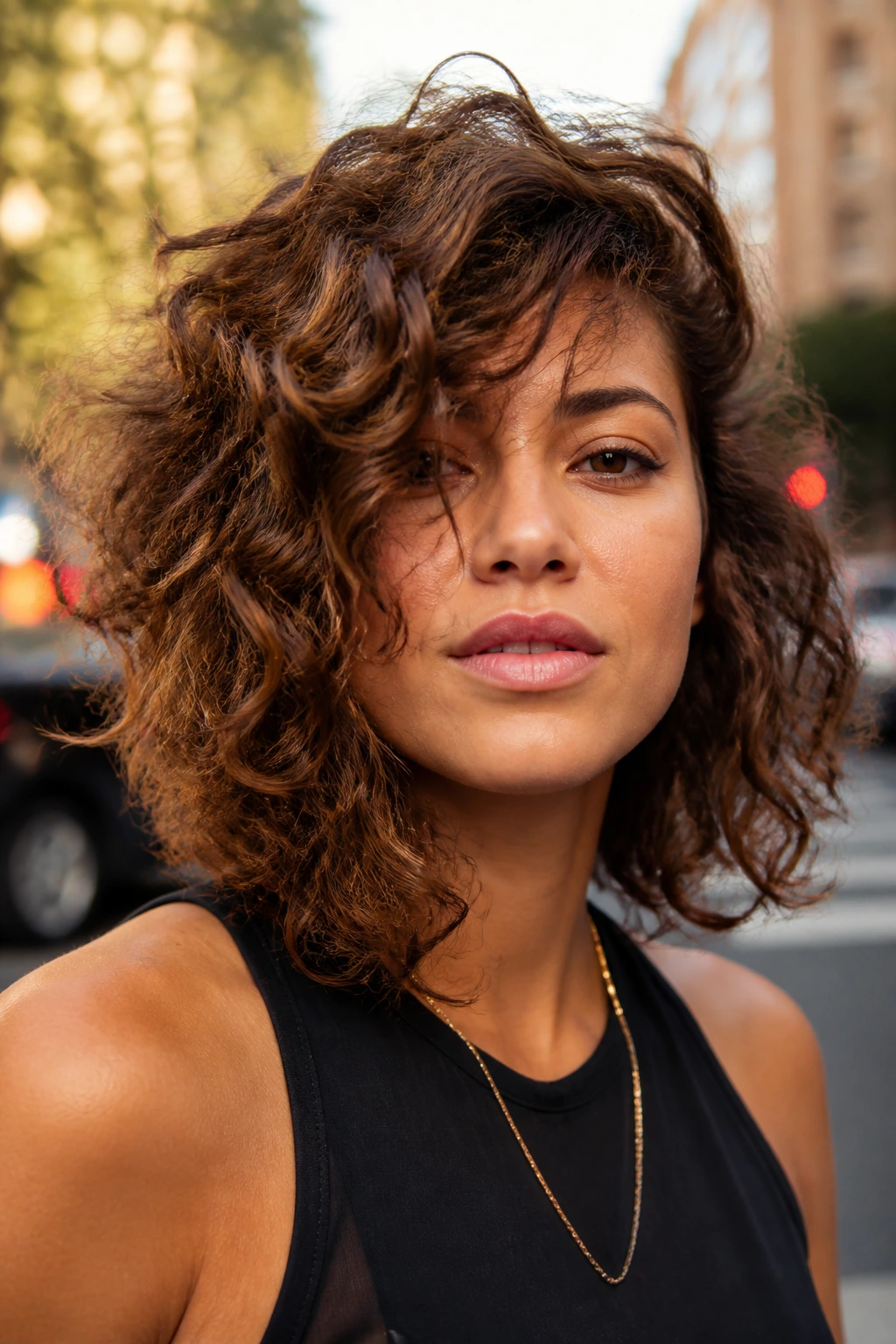 Asymmetrical curly shag hairstyle on real person