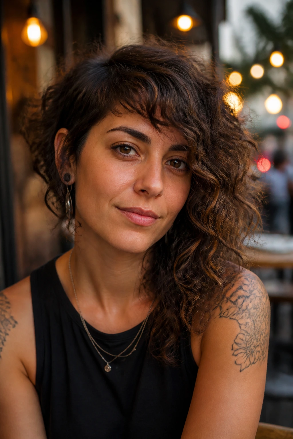 Close-up of a real woman with asymmetrical curly shag and side-part fringe