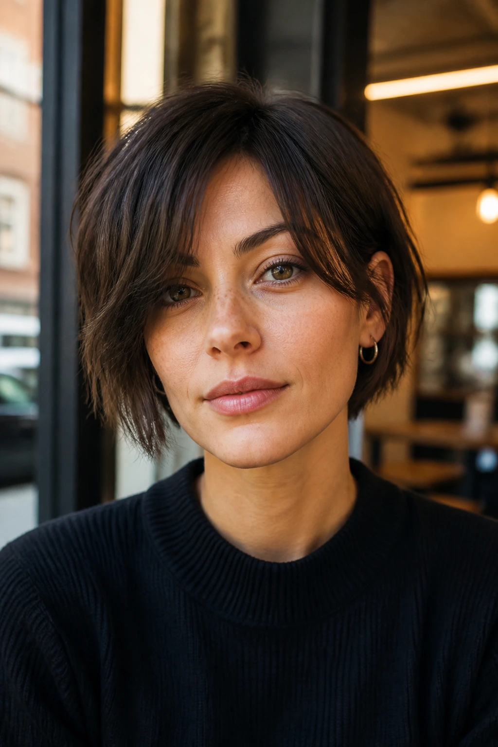 Portrait of a woman with subtle asymmetrical curtain bend bangs.