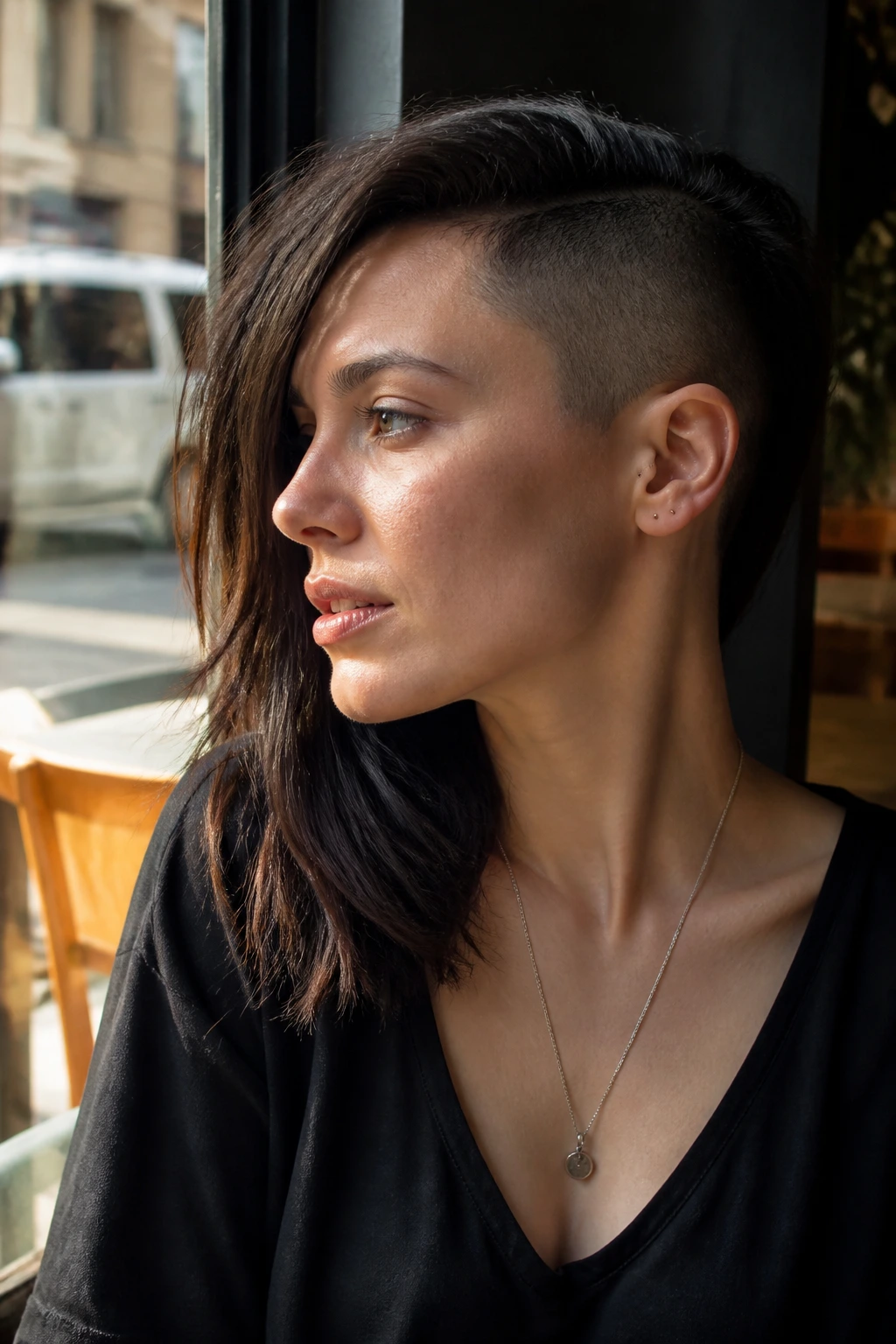 Close-up portrait of a real person with asymmetrical curtain fall, longer side and hidden undercut on the other.