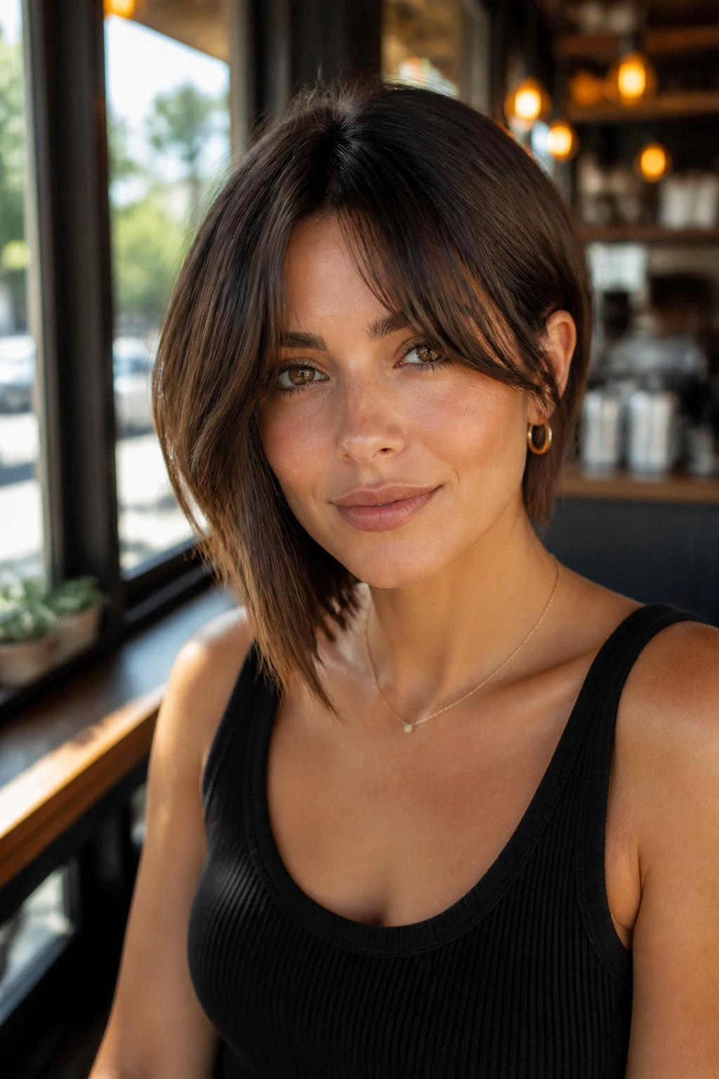 Close-up portrait of woman with curtain bangs and asymmetrical haircut