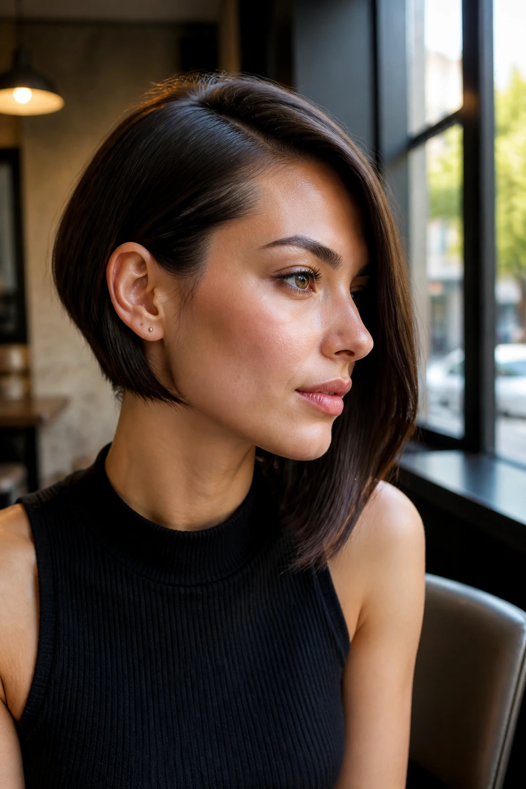 Close-up of a woman with slick asymmetrical jaw-length cut and tucked bangs in a cafe setting.