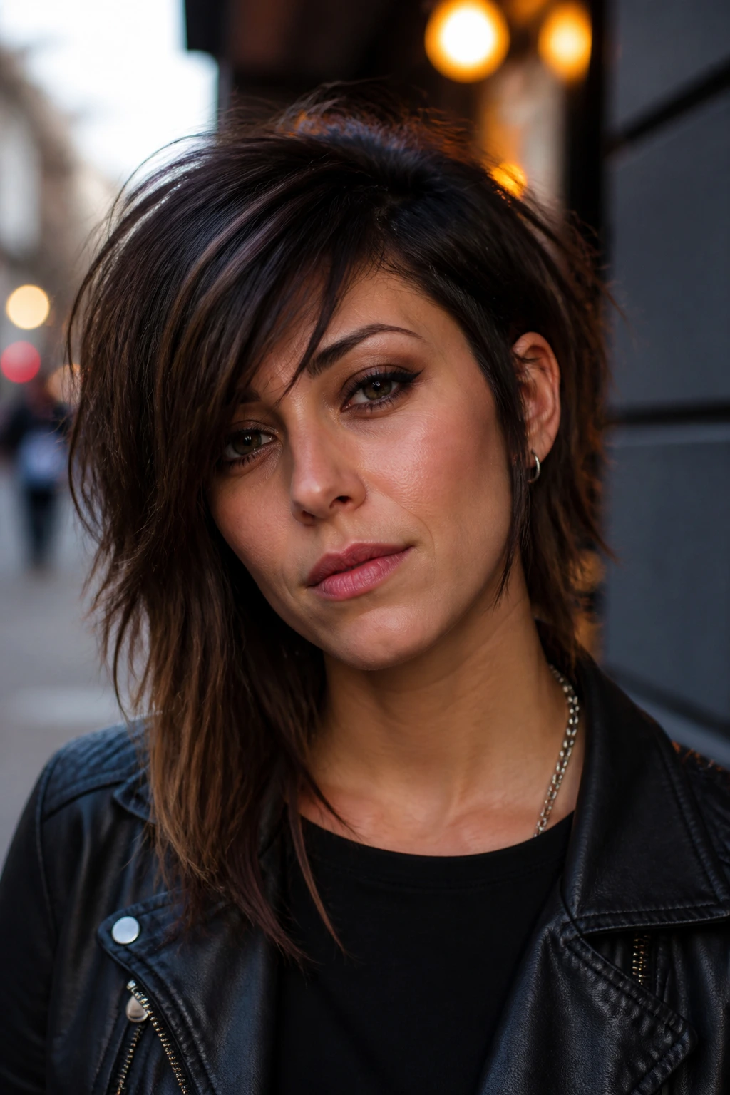 Close-up portrait of a real woman with asymmetrical edge shag featuring a longer side and cheekbone movement.
