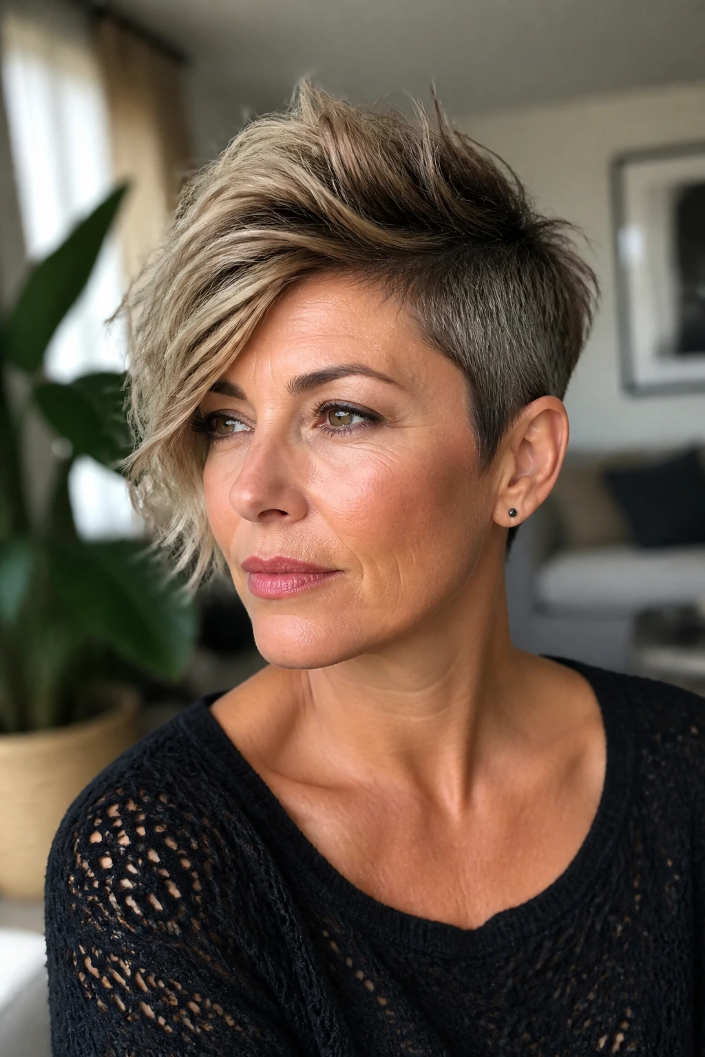 Close-up of a real woman with an asymmetrical faux hawk showing diagonal crown height.
