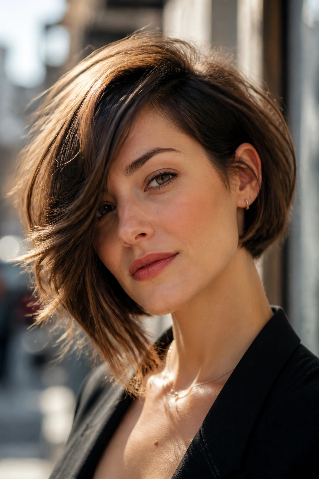 Close-up of a real woman with an asymmetrical feathered bob and one longer side.