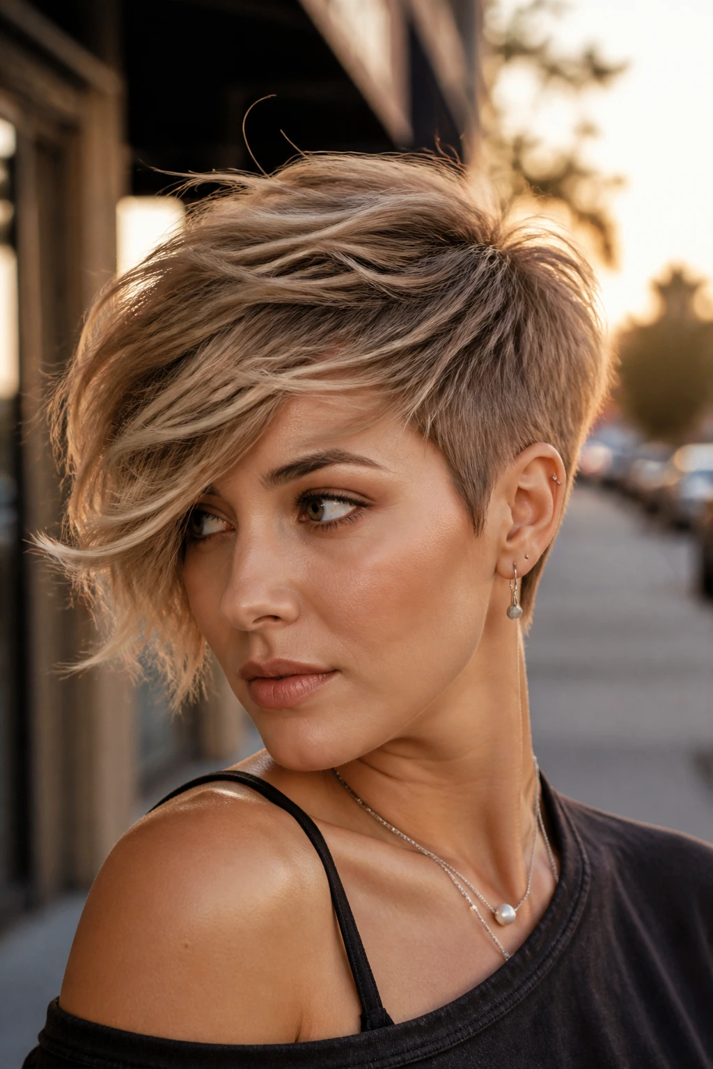 Close-up portrait of a woman with asymmetrical feathered pixie hairstyle on urban street during golden hour.