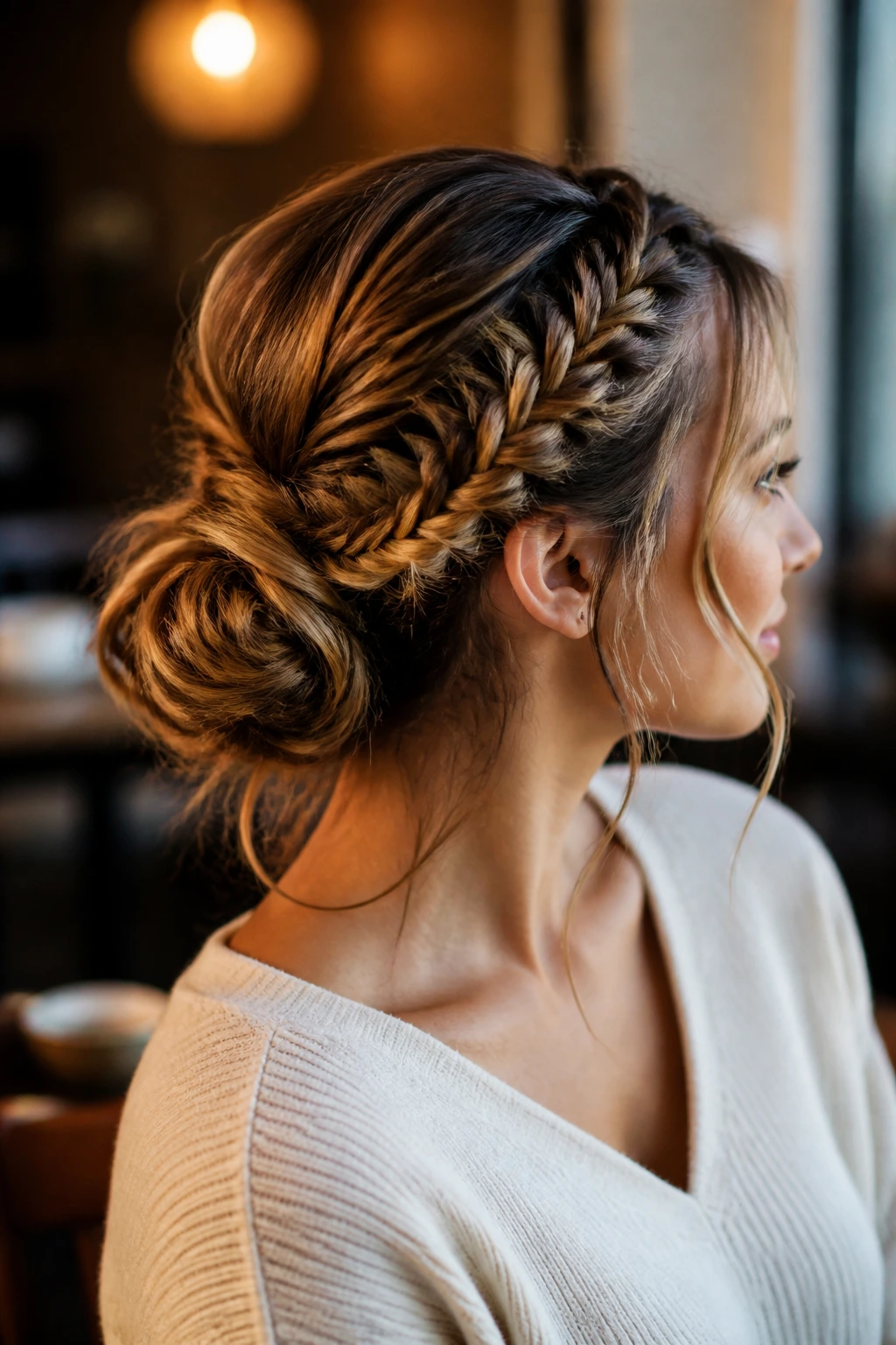 Three-quarter profile of a woman with an asymmetrical fishtail bun