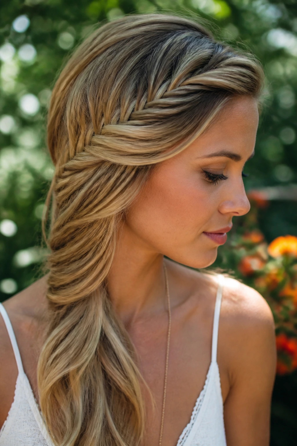Real person with asymmetrical fishtail sweep across crown to shoulder.