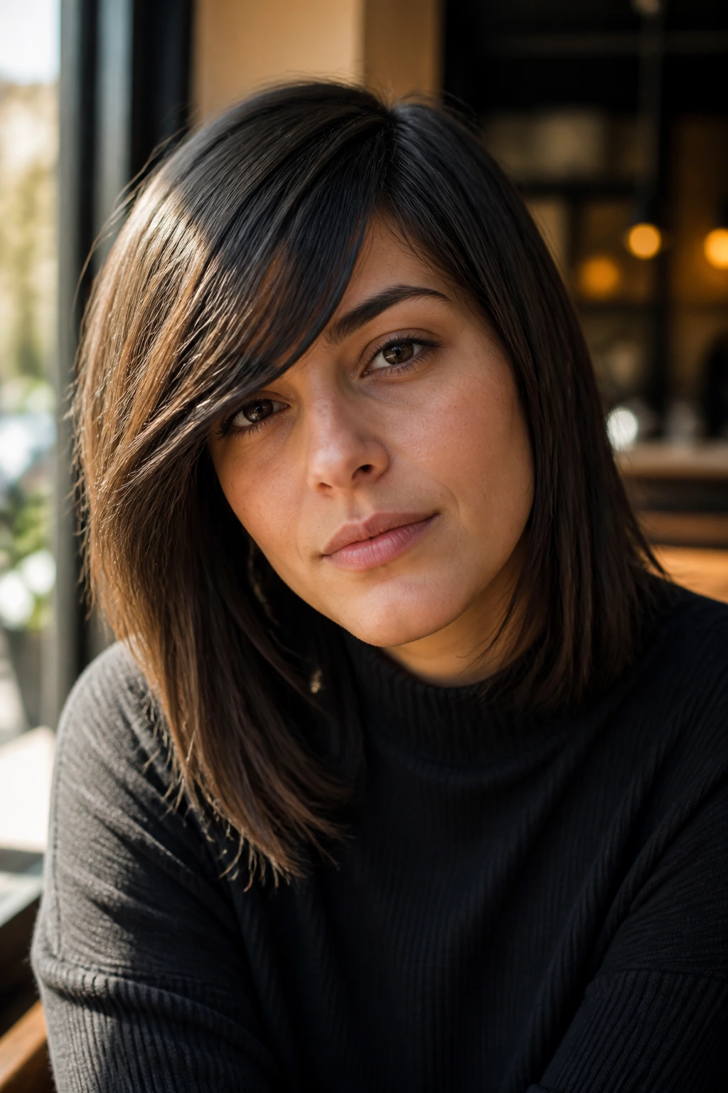 Close-up of a real woman with an asymmetrical fringe in warm daylight