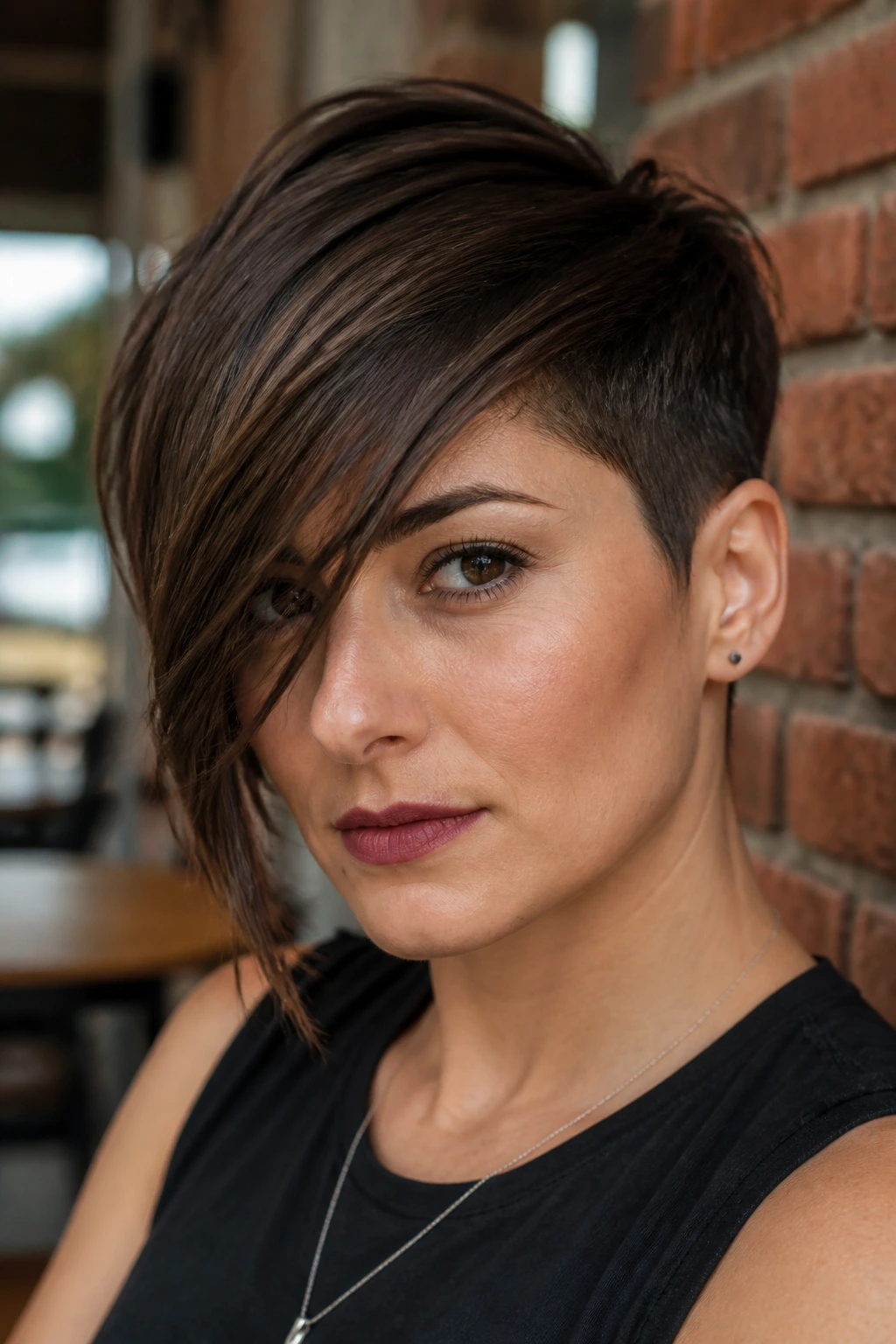 Portrait of a real person with an asymmetrical crop and long fringe on a round face.