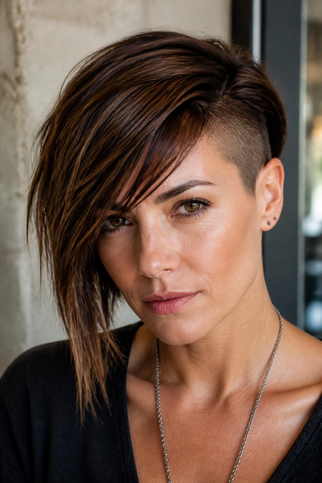 Portrait of woman with deep-part asymmetrical fringe