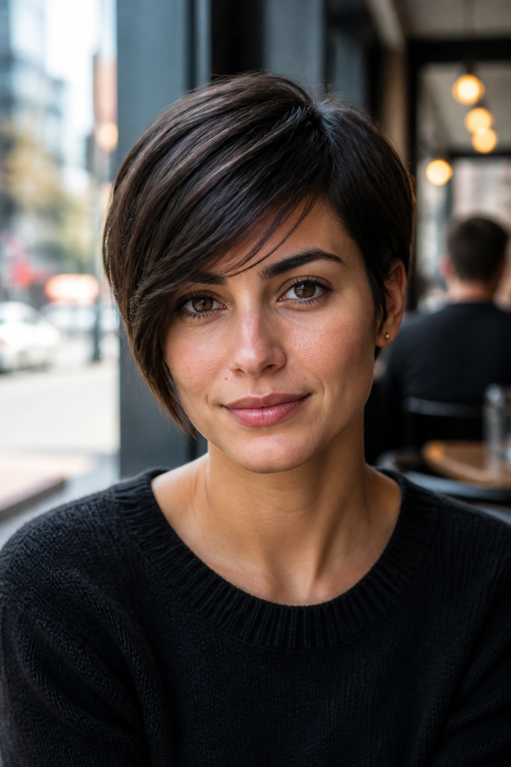Close-up portrait of a real person with an asymmetrical fringe across the forehead.