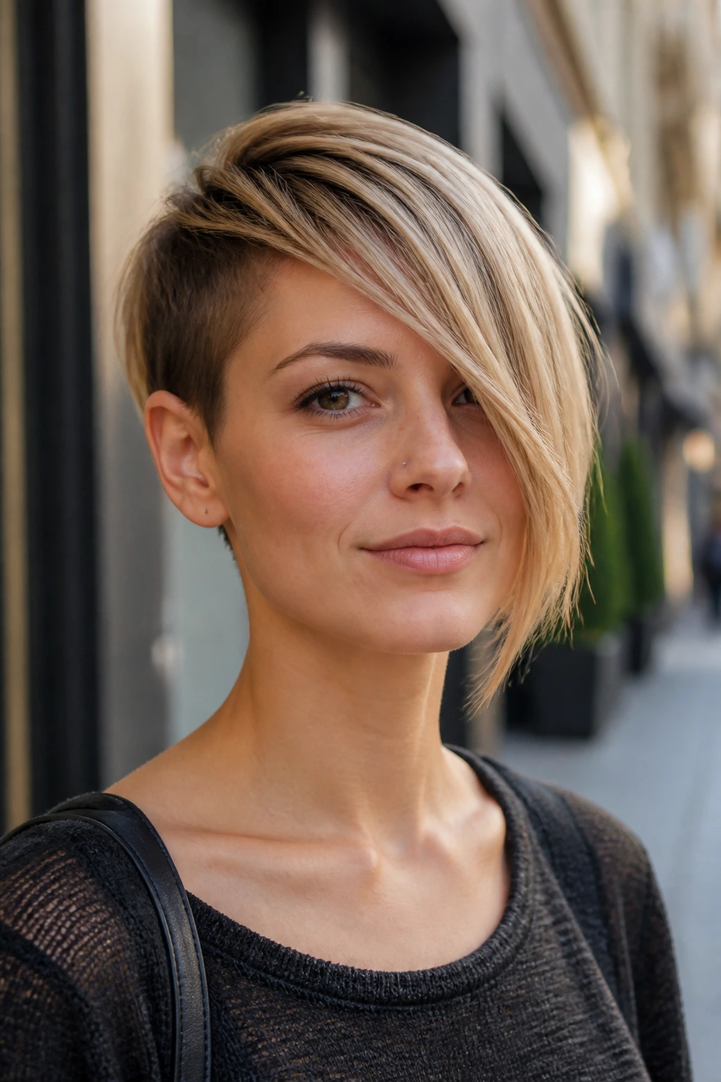 Real woman with asymmetrical side fringe on an urban street.
