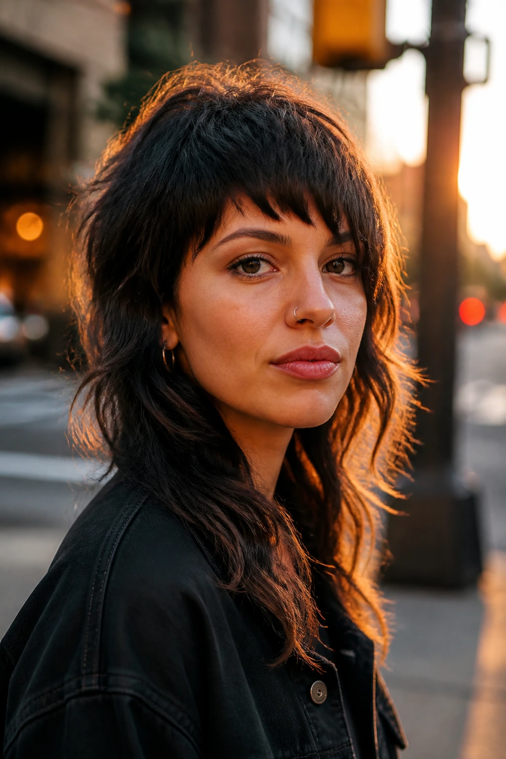 Portrait of a real person with asymmetrical fringe shag in golden hour light