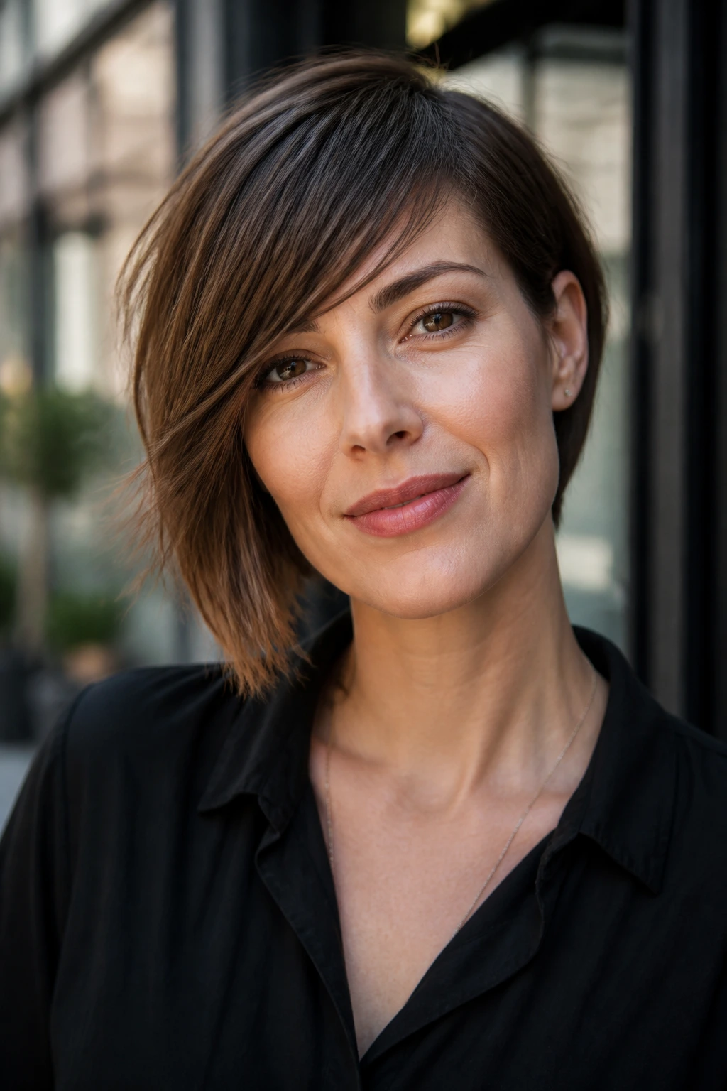 Portrait of a woman with asymmetrical fringe on an uneven hairline outdoors