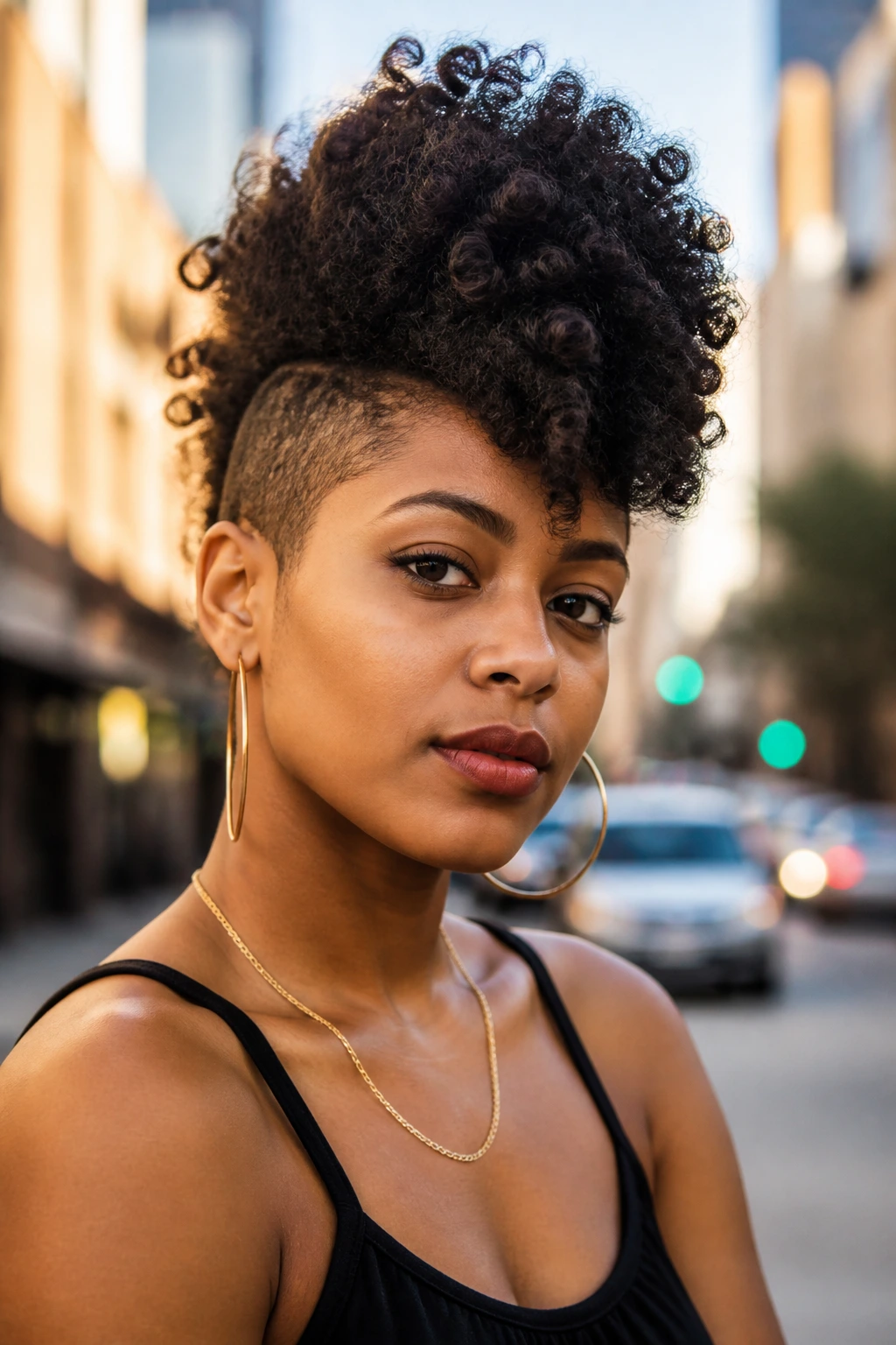 Close-up portrait of a real person with an asymmetrical frohawk on a city street backdrop