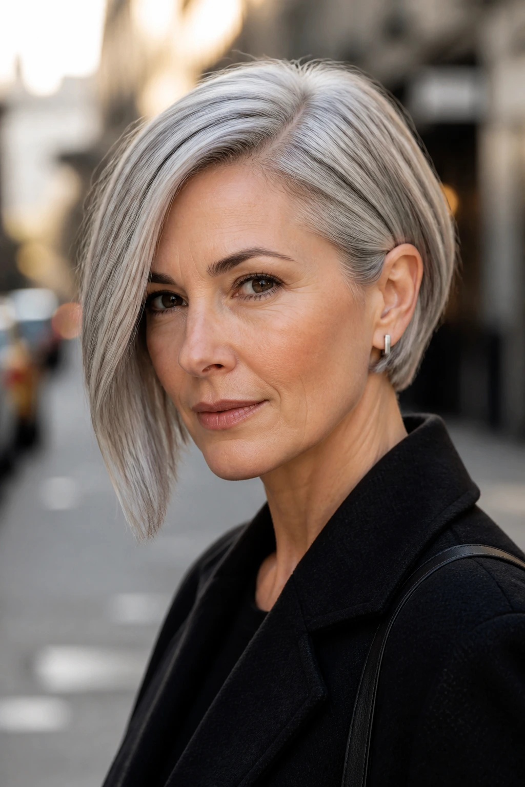 Close-up portrait of a real woman with asymmetrical gray bob