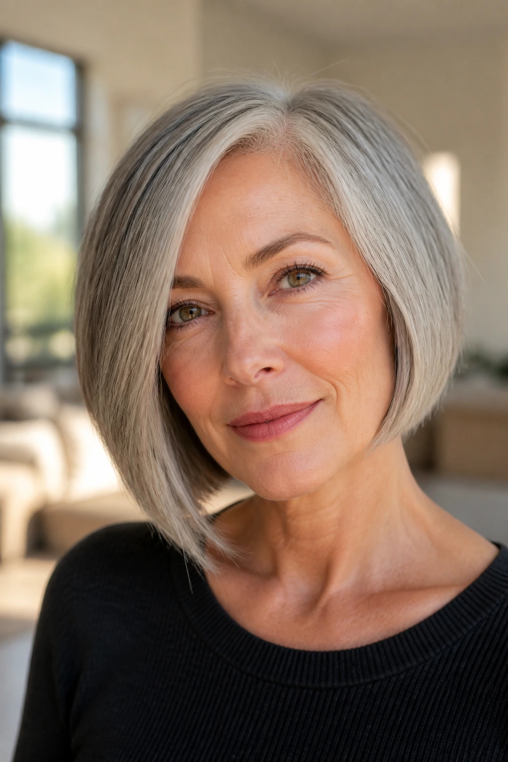 Real woman with a subtle asymmetrical gray bob in warm natural light.