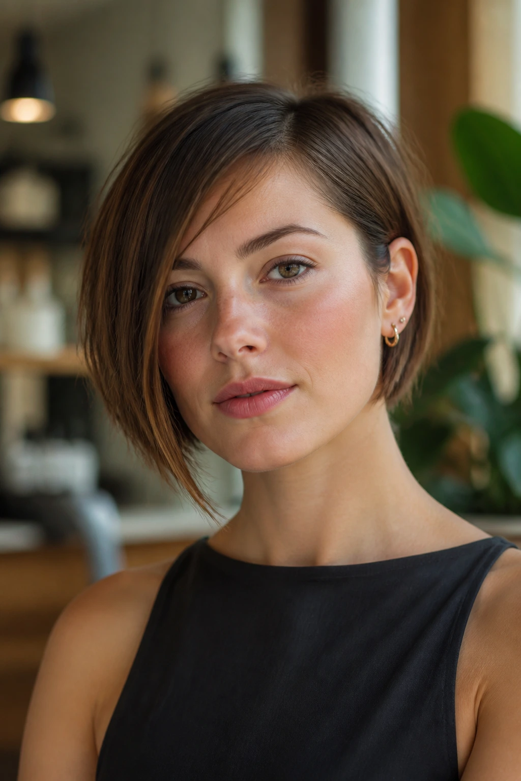 Close-up of a real woman with a micro-asymmetrical bob on fine hair in a boutique salon