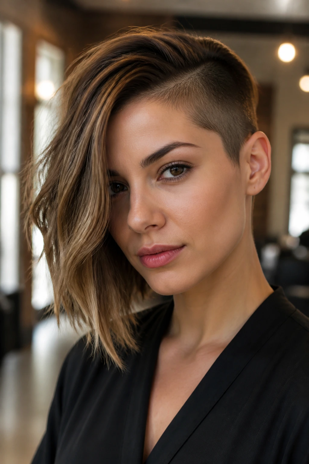 Close-up portrait of a real person with an asymmetrical haircut showing longer and shorter sides.