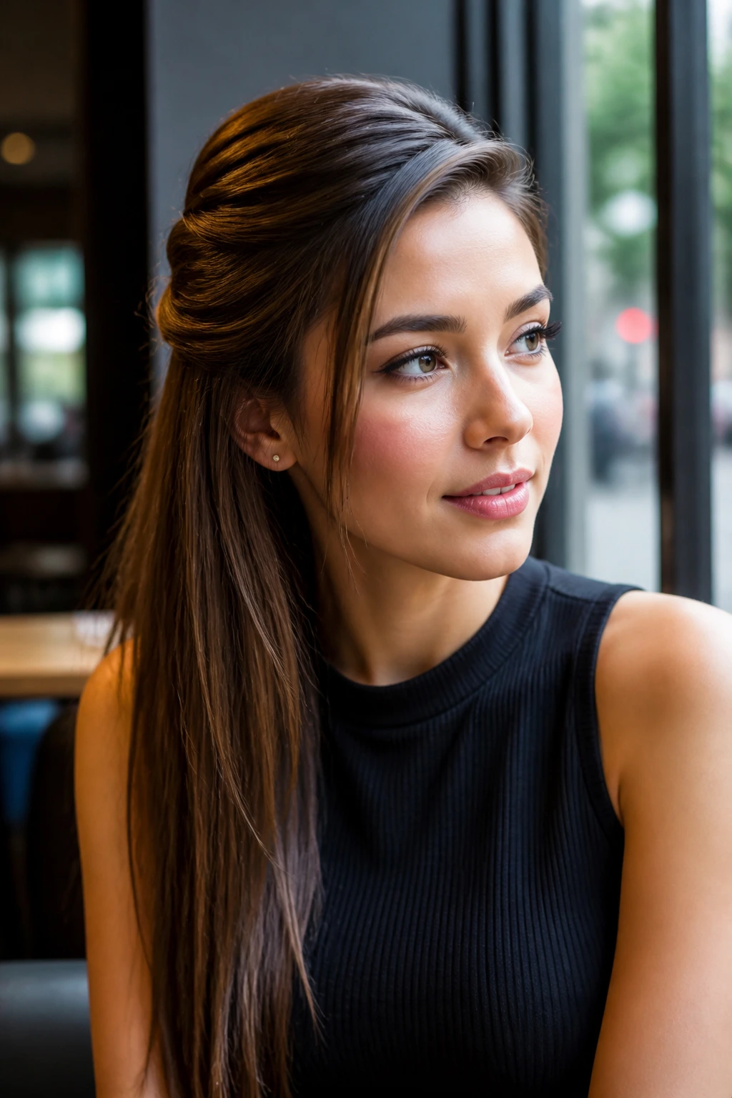 Close-up portrait of a real woman with an off-center half-up sweep hairstyle
