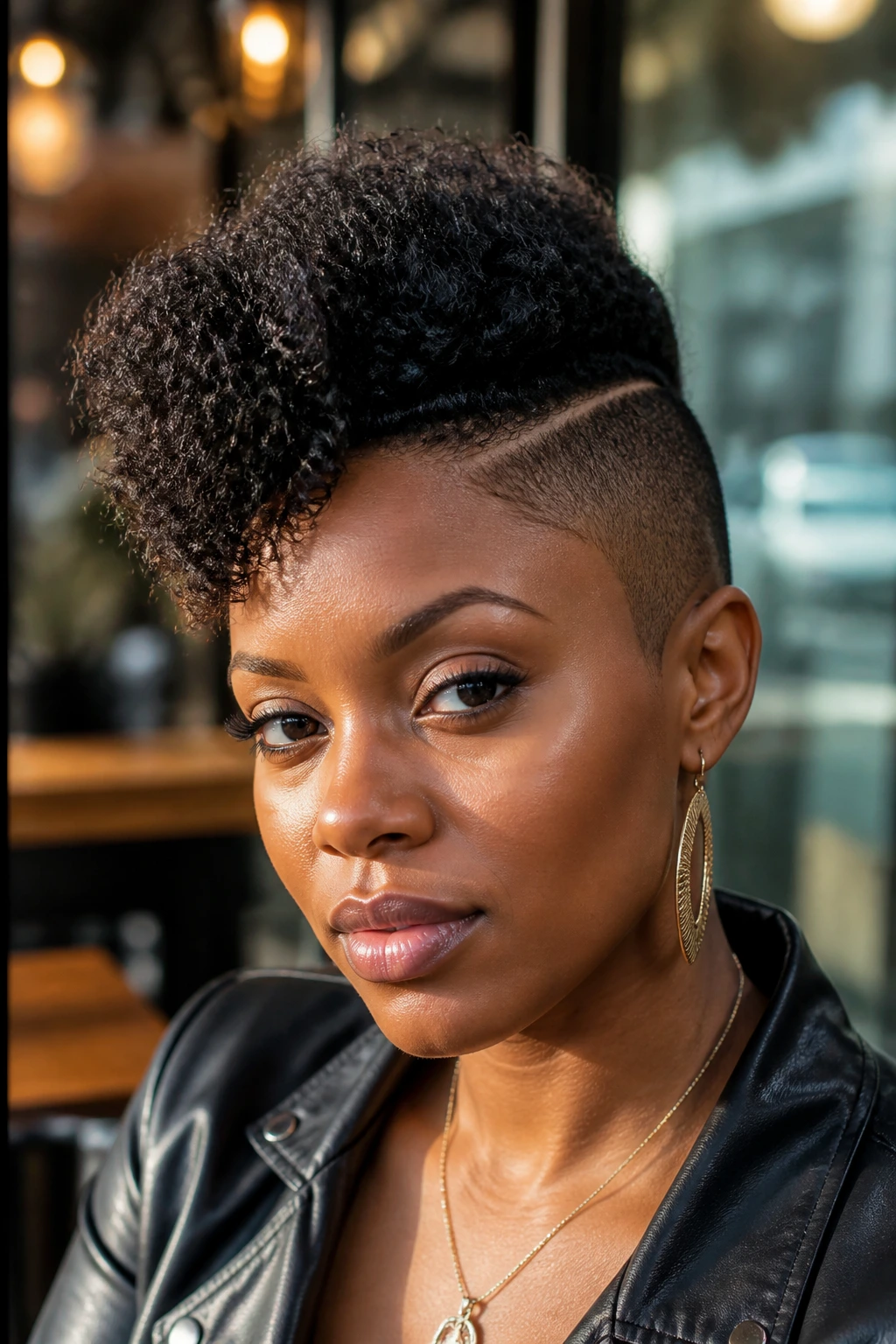 Close-up of a real Black woman with an asymmetrical hawk, one side fuller and higher, the other tapered, in daylight at a street cafe.