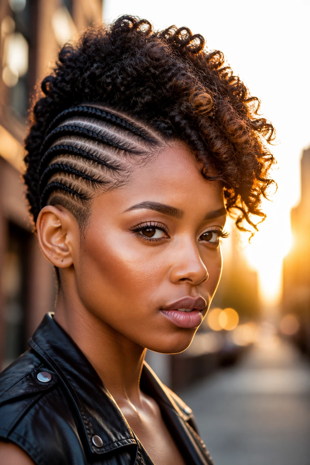 Close-up of a real person with an asymmetrical side-sweep hawk hairstyle