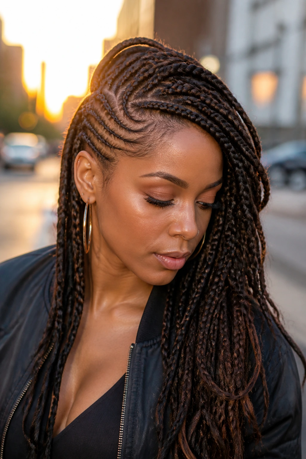 Close-up of a person wearing a side-swept asymmetrical hawk mohawk with off-center ridge