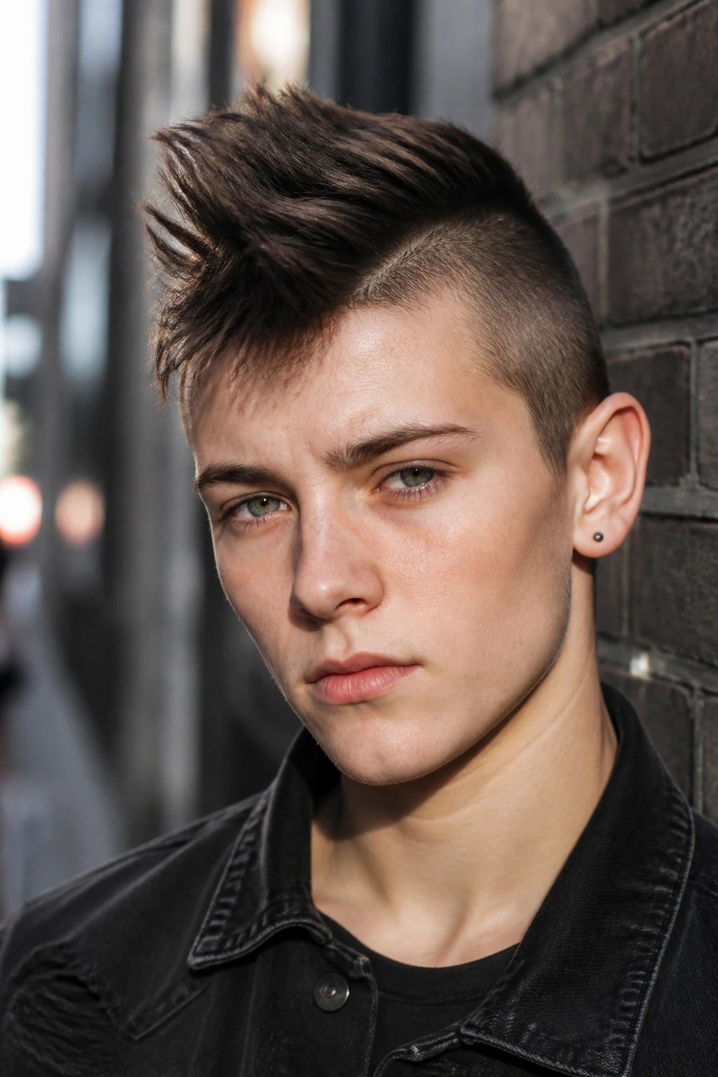 Close-up of a real person with an asymmetrical hawk on a city street