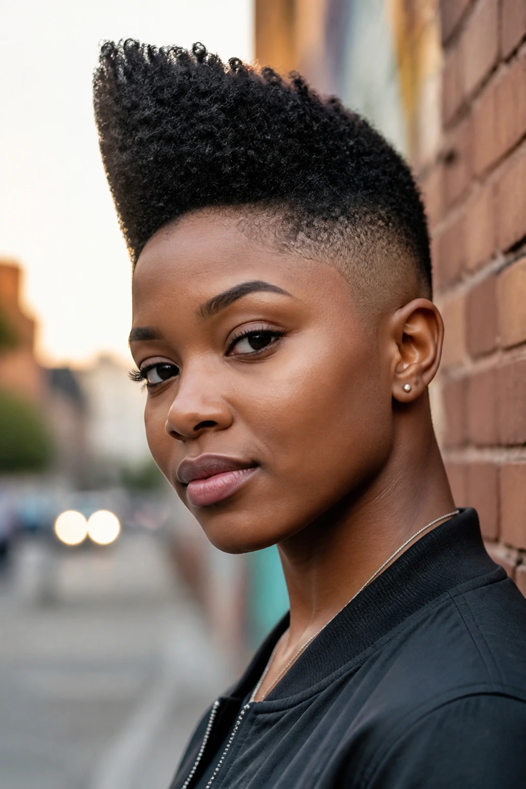 Close-up portrait of a real Black woman with an asymmetrical high top fade