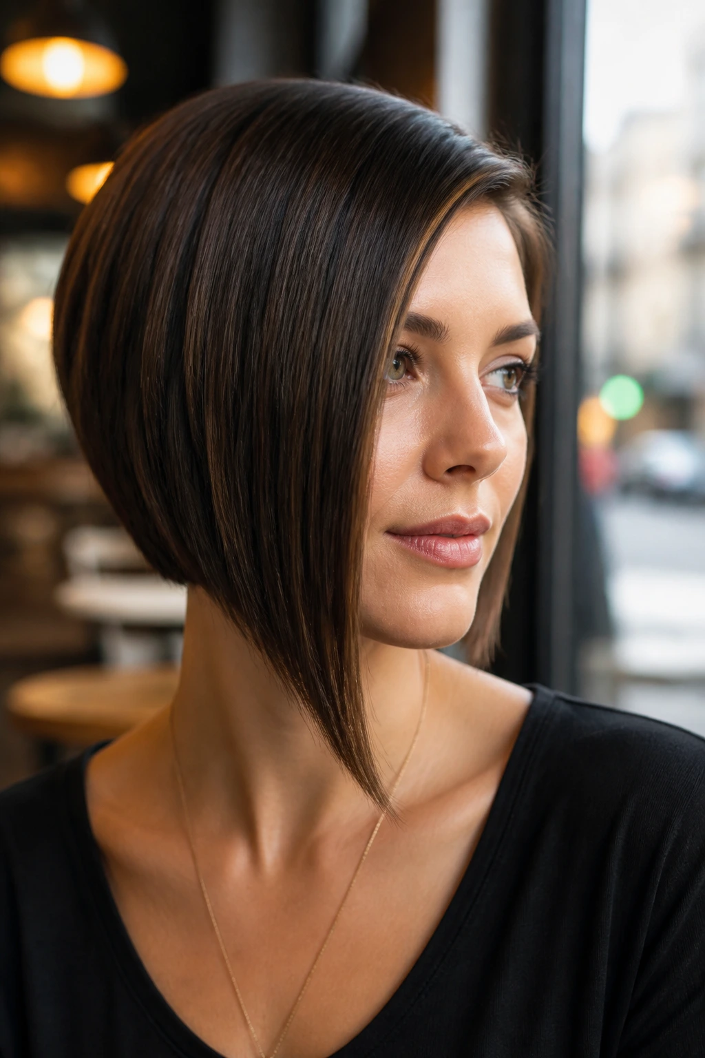 Three-quarter portrait of a real woman with an asymmetrical inverted bob, longer side visible in a cafe setting