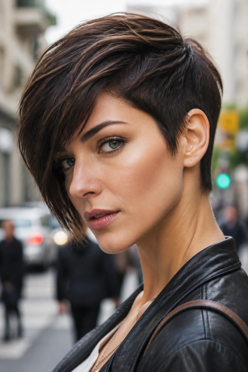 Close-up of a real woman with asymmetrical jawline pixie on a city street