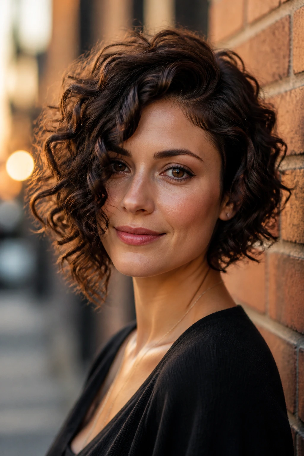 Close-up portrait of a real woman with an asymmetrical layered bob
