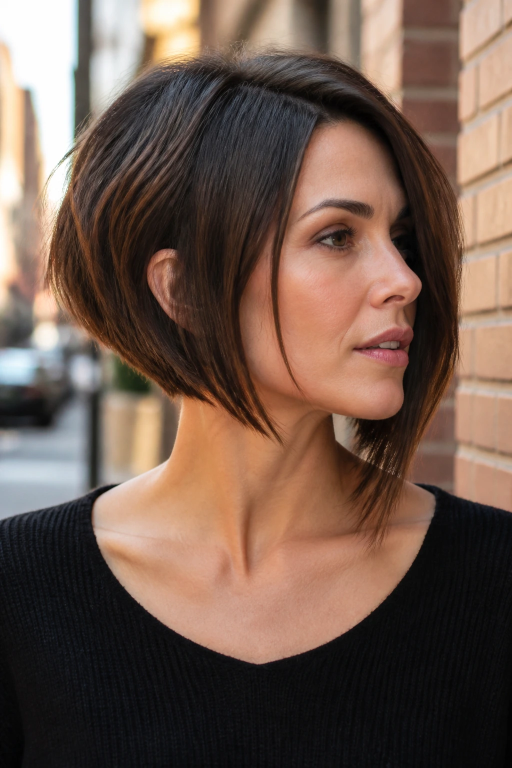 Close-up of a real person showing an asymmetrical layered bob with one side longer.