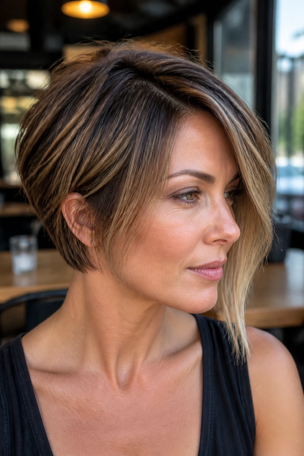 Close-up portrait of a real woman with an asymmetrical layered bob and balayage.