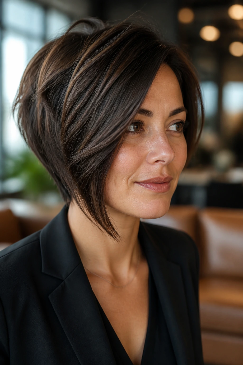 Portrait of a real person with an asymmetrical layered bob showing a diagonal line.