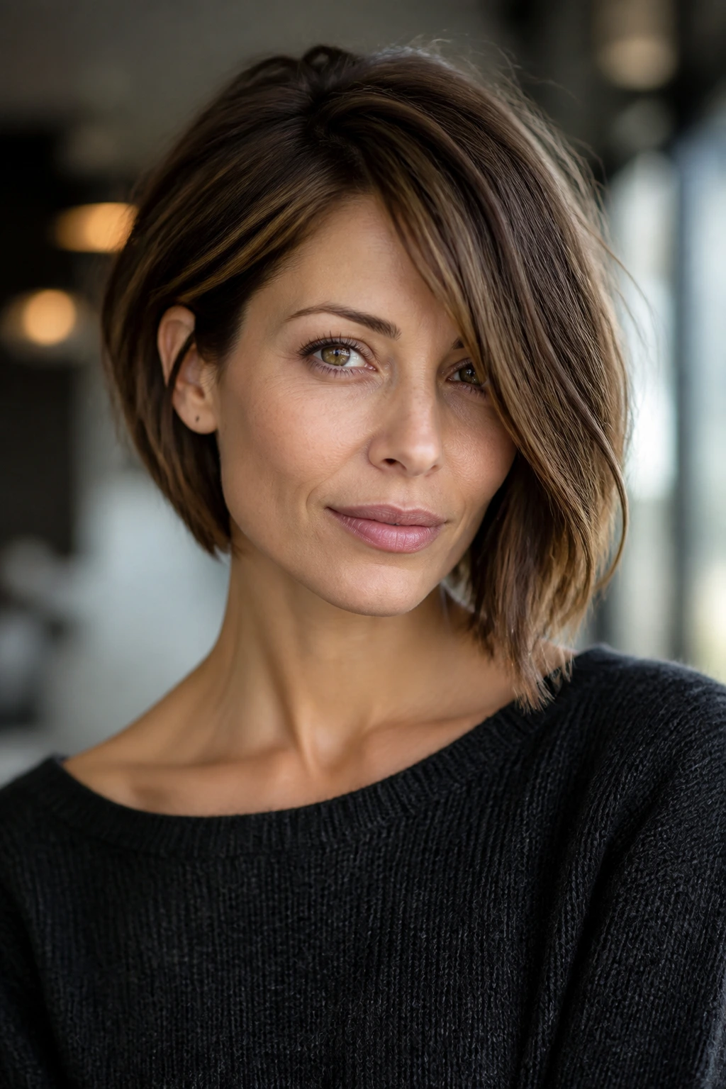 Real woman with asymmetrical layered bob showing visible length difference.