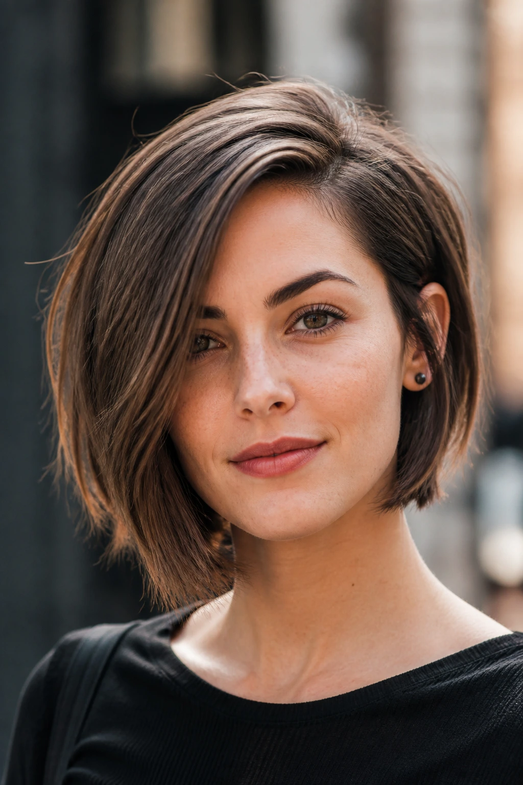 Real person with asymmetrical layered bob and off-center line.