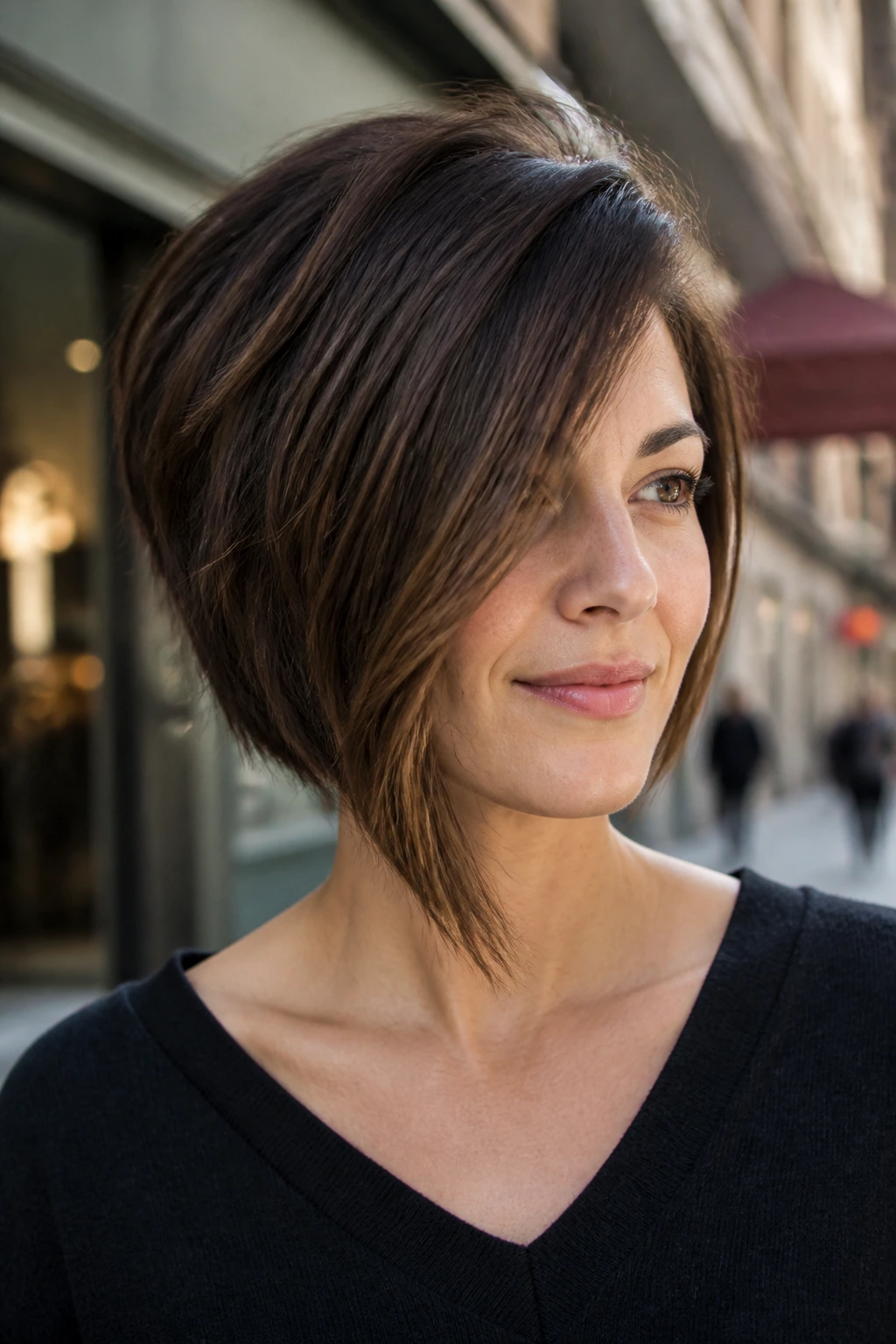 Portrait of a woman with an asymmetrical layered bob on an urban street